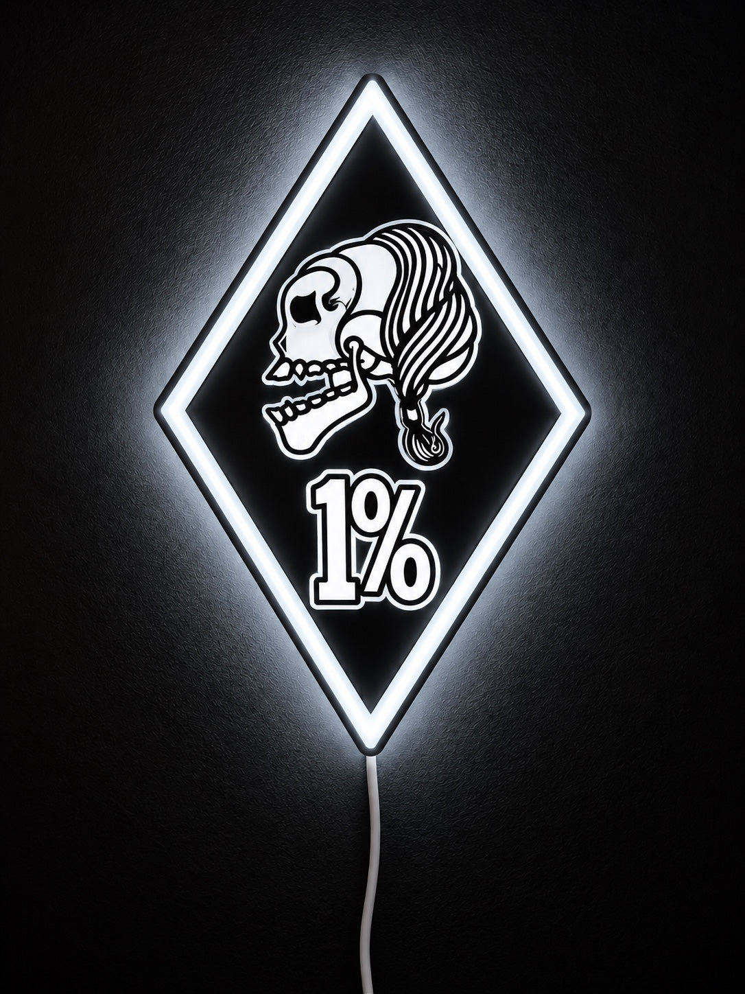 1 percent skull diamond LED light sign illuminated in white