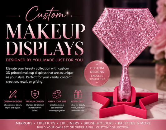 Custom 3D printed makeup display — diamond shaped glitter display with star-shaped base, showcasing custom design possibilities