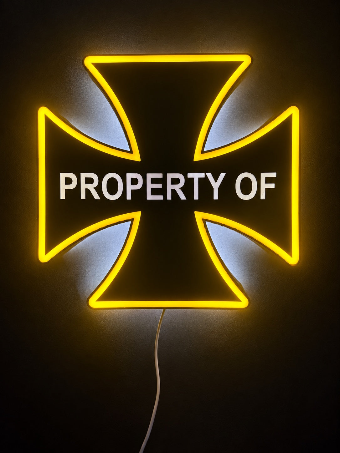 Property Of cross LED light sign illuminated in gold